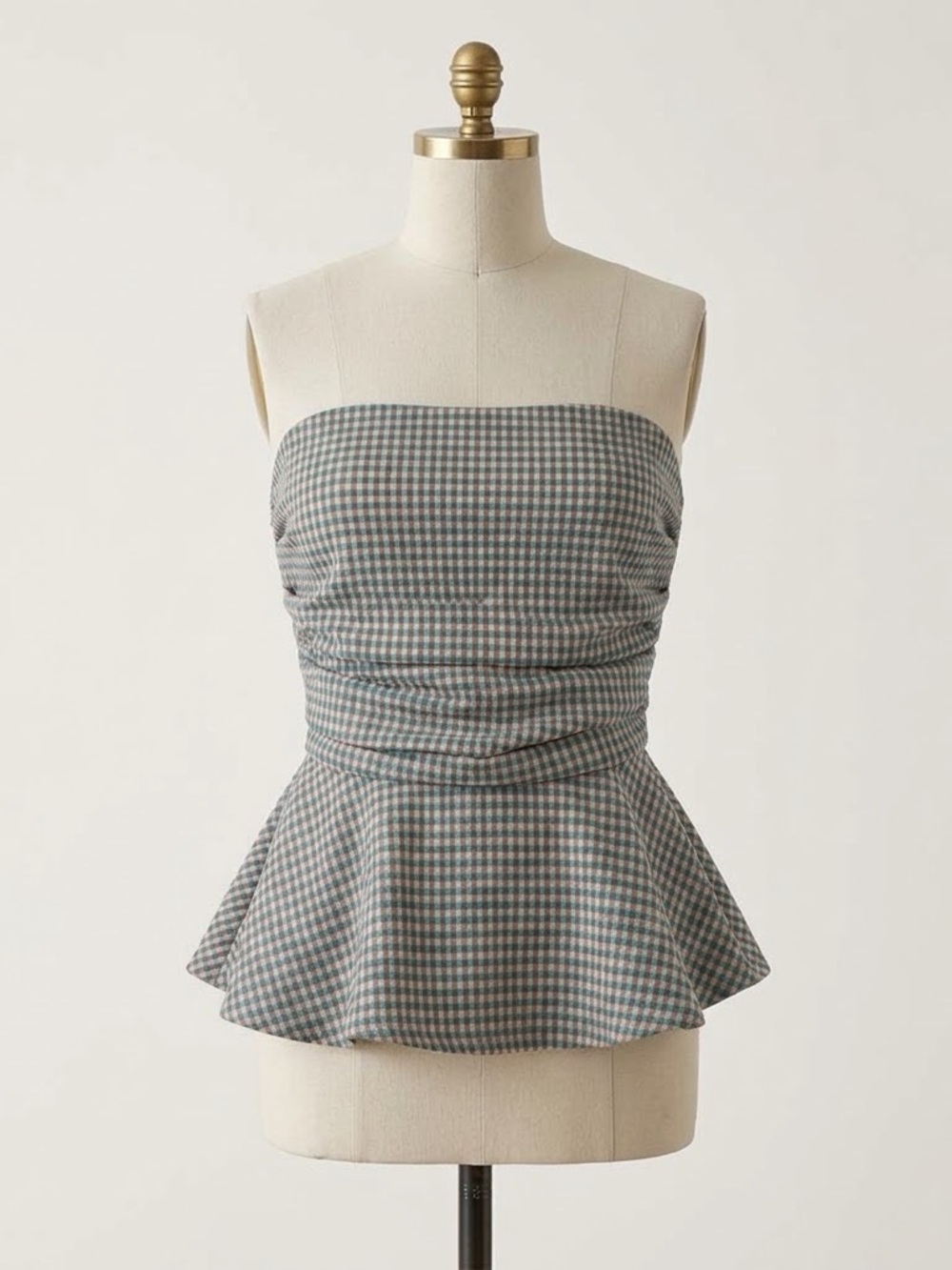 NWOT Veronica Beard Gingham Strapless Peplum Top Size 0 Pink Blue Cottagecore